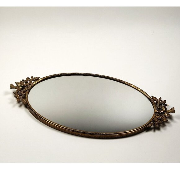 Vintage Goldtone Signed Matson Dogwood Flower Bird Vanity Mirror Tray 14.5" x 7" - Picture 1 of 9